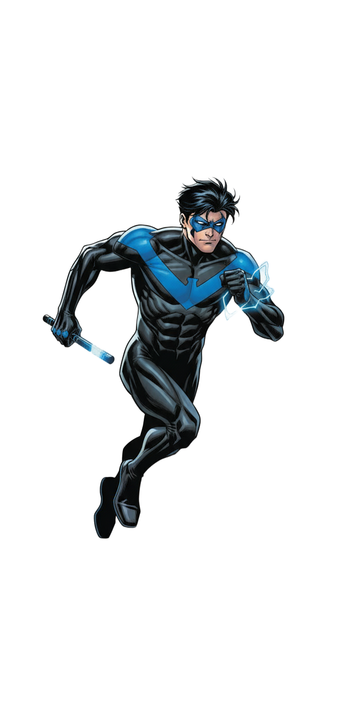 Nightwing in Dynamic Action with Electric Escrima Sticks | SimilarPNG, image size:704x1472