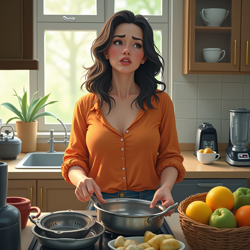 Woman Cooking in a Cozy Kitchen PNG image
