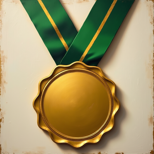 Gold Medal with Green Ribbon - PNG Image