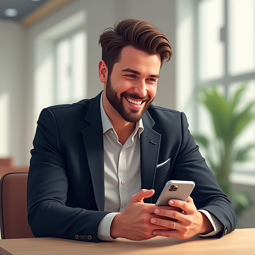 Professional Man Using Smartphone in Office Setting PNG Image
