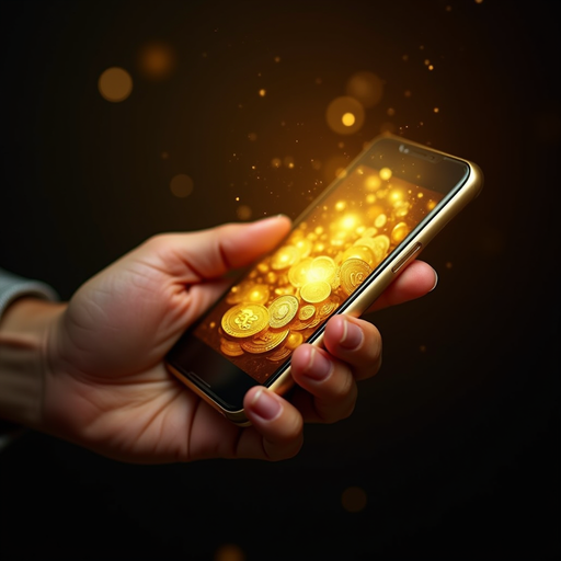 Smartphone Showcasing Digital Gold Coins Glowing Effect - PNG Image
