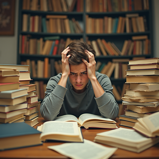Frustrated Student Surrounded by Books PNG Image