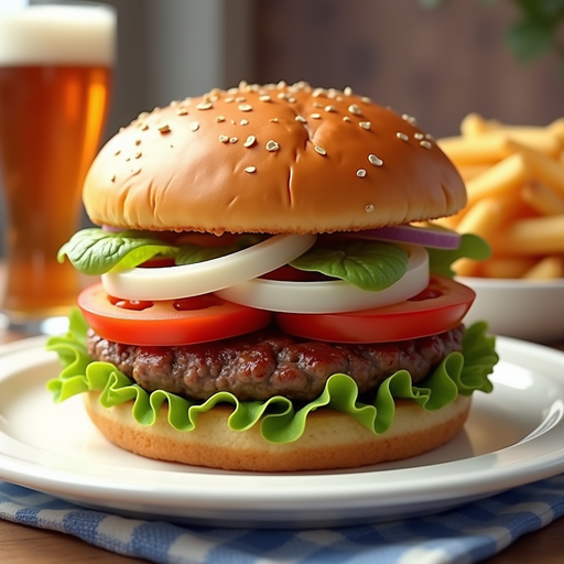 Delicious Hamburger PNG Image with Fries and Beer