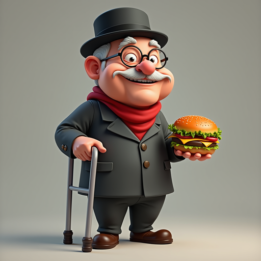 Cheerful cartoon elderly man with a burger PNG image
