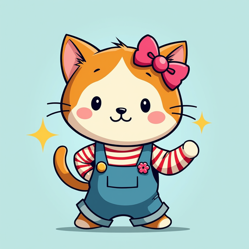 Cute Cartoon Cat PNG Image with Bow and Overalls