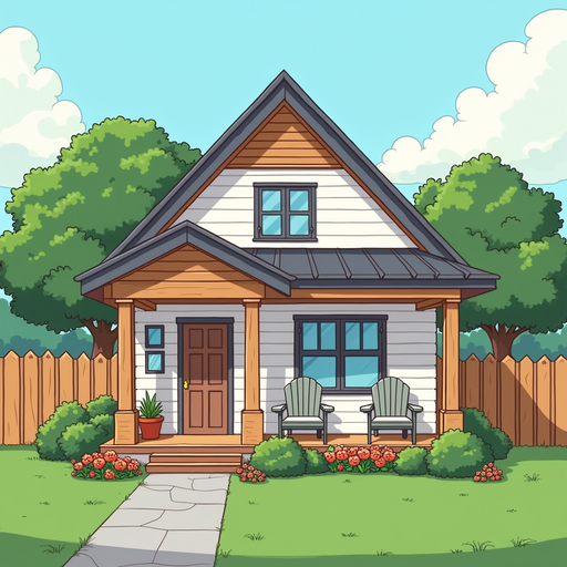 Charming Cartoon House PNG Image with Garden and Trees