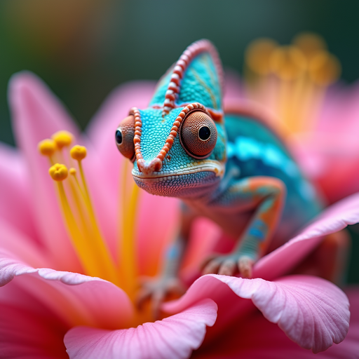 Colorful Chameleon on Pink Flower PNG Image