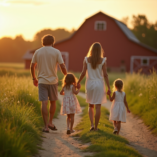 Family Walking Towards Barn during Sunset - PNG Image