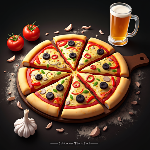 Delicious Pizza with Toppings and Beer PNG Image