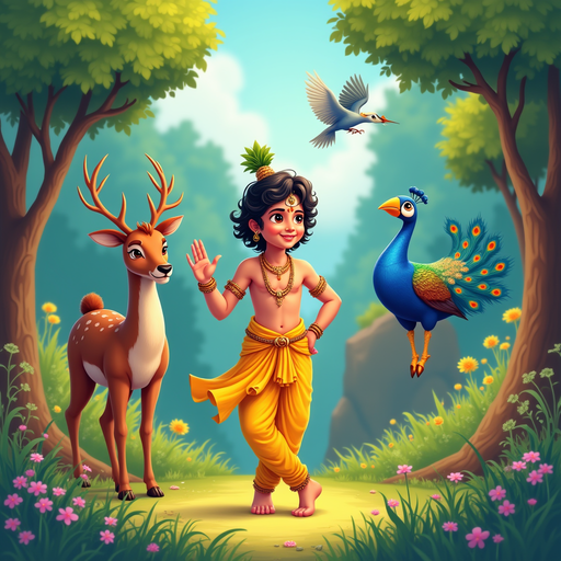 Colorful Illustration of a Boy with Animals in Nature – PNG
