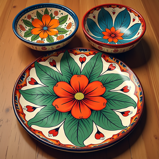 Colorful Hand-Painted Ceramic Bowls and Plate PNG