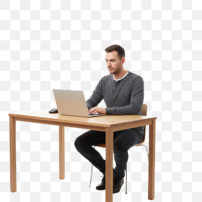 Focused Young Man Working on Laptop at Wooden Desk