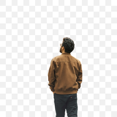Man in Brown Jacket Looking Upwards on White Background