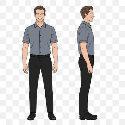 Professional Man in Grey Shirt and Black Trousers: Front and Side Views