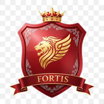 Regal Red Shield Emblem with Golden Winged Lion and 'FORTIS' Banner