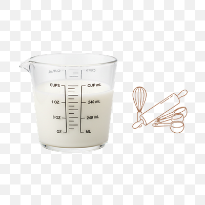 Essential Baking Tools and Ingredients: Measuring Cup with Milk and Utensil Outlines