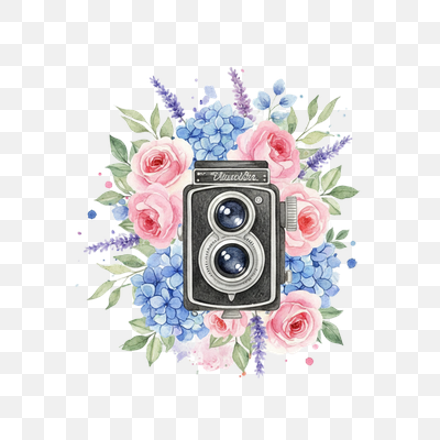 Vintage Camera with Watercolor Floral Bouquet