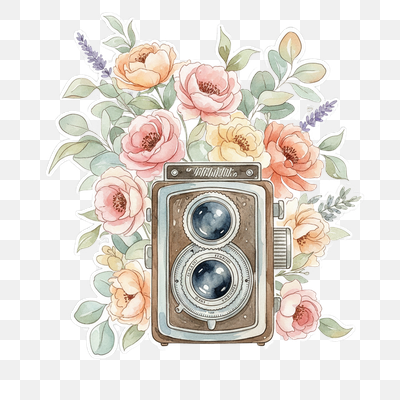 Nostalgic Bloom: Vintage Camera and Watercolor Flowers