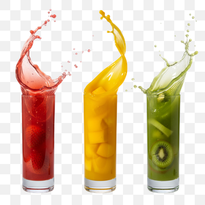 Vibrant Fruit Juice Splashes: Strawberry, Mango, and Kiwi