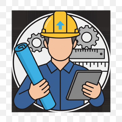 Engineer Icon with Blueprint and Tablet