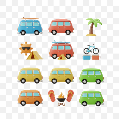 Vibrant 3D Summer Travel and Camping Icons Collection