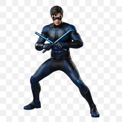 Nightwing in Dynamic Combat Pose with Escrima Sticks