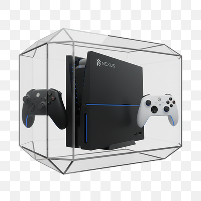 NEXUS Gaming Console and Controllers in a Modern Glass Display Case