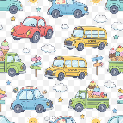 Whimsical Happy Vehicles Seamless Pattern for Kids