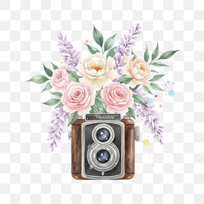 Timeless Blooms: A Watercolor Camera and Floral Arrangement