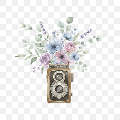Watercolor Vintage Camera with Pastel Floral Bouquet
