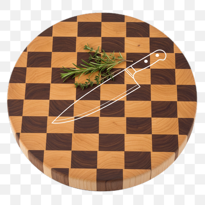 Culinary Essentials: Checkered Cutting Board with Herbs and Knife Outline