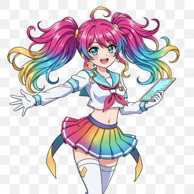 Vibrant Rainbow Idol in Cherry Blossom Sunset