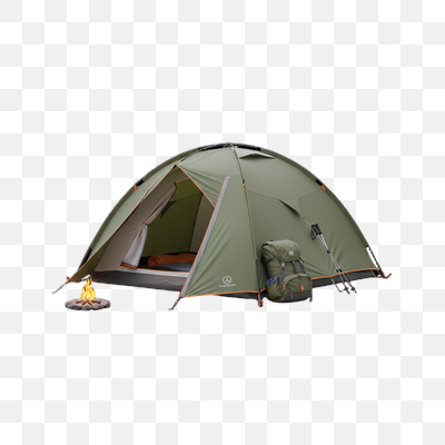 Cozy Camp Setup: Green Tent with Fire and Gear