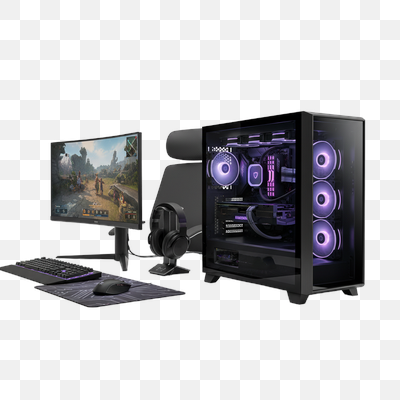 High-Performance Gaming PC Setup with Vibrant Purple RGB Lighting