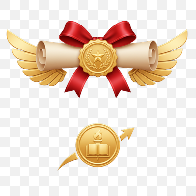 Golden Certificate of Achievement with Winged Scroll and Educational Medals