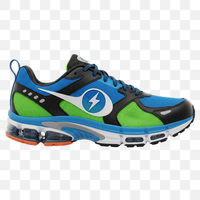 Dynamic Blue and Green Athletic Running Shoe with Lightning Bolt Logo