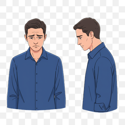 Man with Sad Expression in Blue Shirt - Front and Profile Views