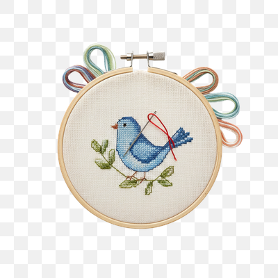 Handmade Blue Bird Cross-Stitch in Hoop with Craft Supplies