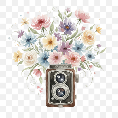 Vintage Camera with Ethereal Watercolor Floral Bouquet