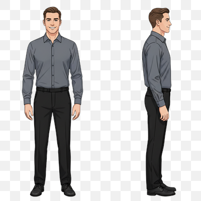 Professional Man in Grey Shirt and Black Trousers - Front and Side View Illustration