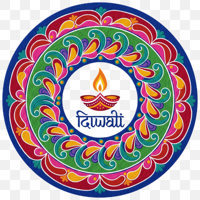 Vibrant Diwali Rangoli with Traditional Diya and Text