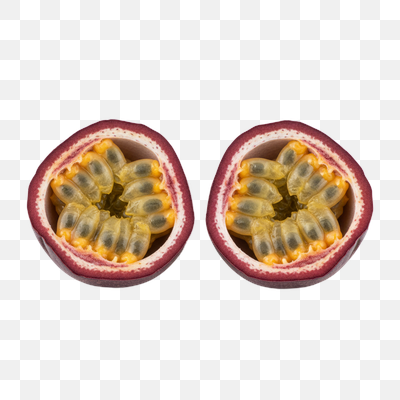 Vibrant Halved Passion Fruits on White Background