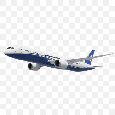 Modern Blue and White Passenger Jet Ascending on White Background