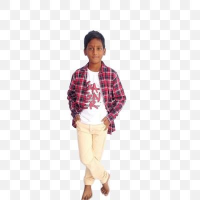 Confident Young Boy in Plaid Shirt and Beige Pants