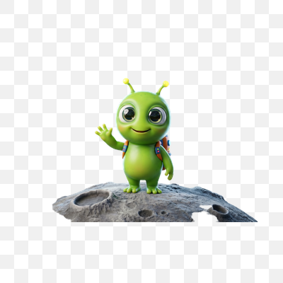 Friendly Green Alien Waving on the Moon