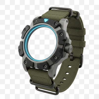 Rugged Smartwatch with Glowing Blue Display and Olive Strap