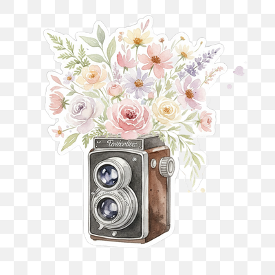 Vintage Camera with Watercolor Floral Bouquet