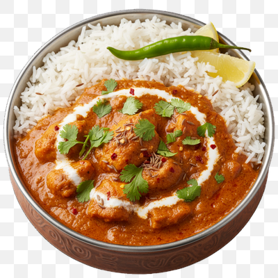 Authentic Indian Butter Chicken with Basmati Rice and Fresh Garnish