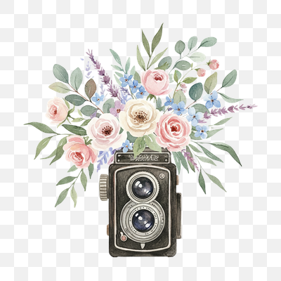 Vintage Camera with Watercolor Floral Bouquet