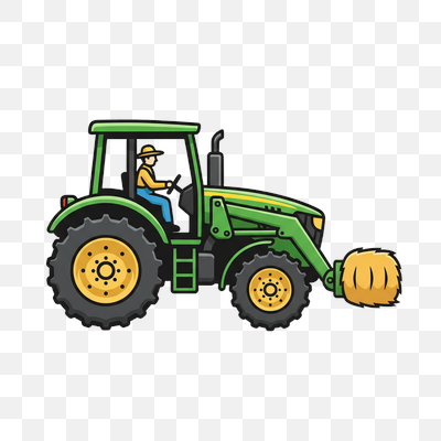 Cartoon Green Tractor with Farmer and Hay Bale
